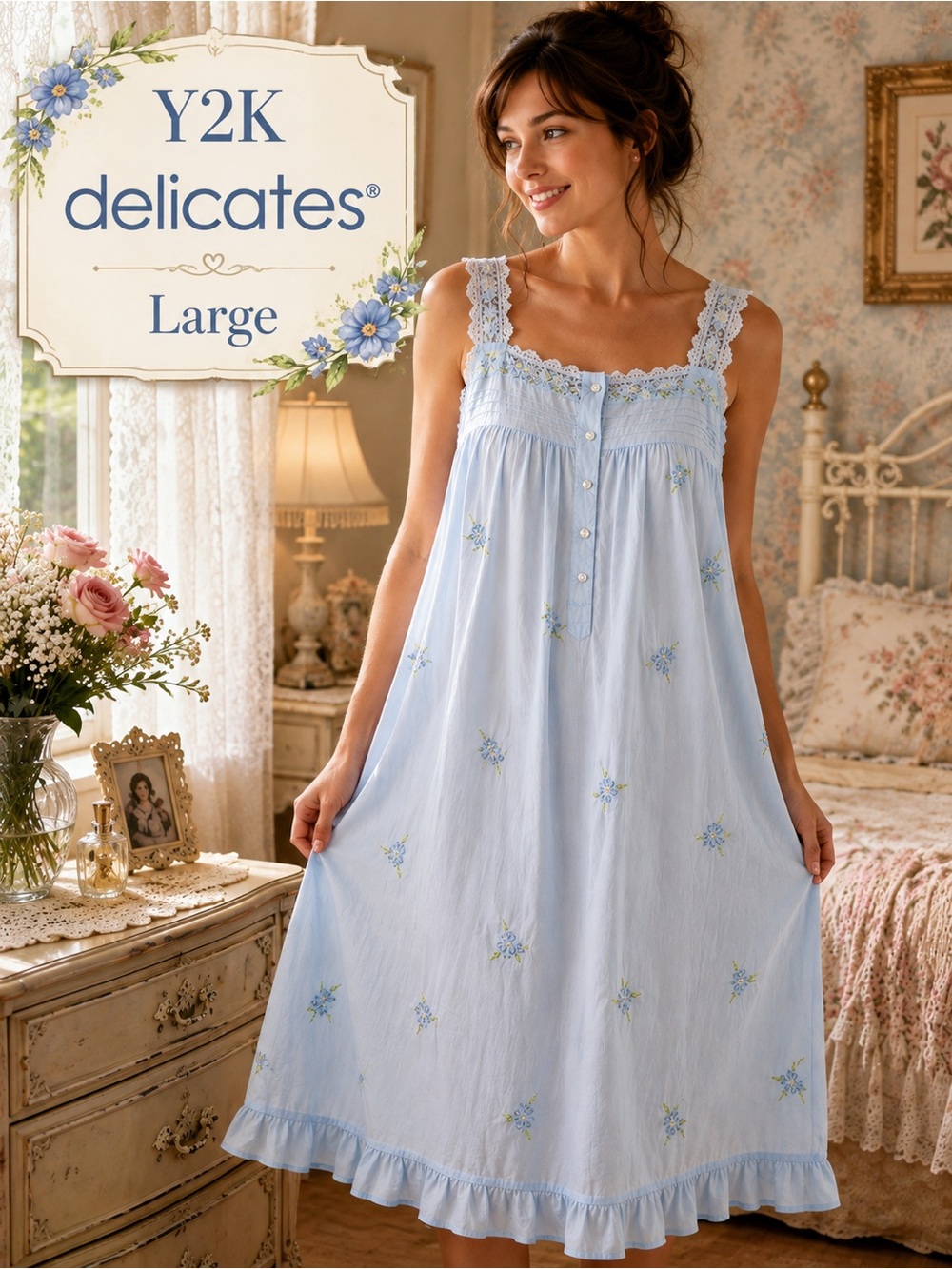 Y2K Delicates Blue Cotton Embroidered Lace Nightgown Large